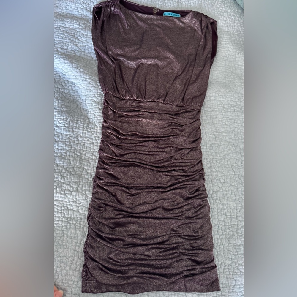 ALICE + OLIVIA Purple Silver Metallic ALYSHA Ruched Flattering Mini Dress-Sz 2